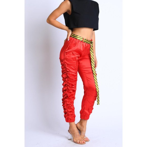 Boutique Pants - Women's Casual Satin Shirring Long Cuffed Pants With Belted Daily Outdoor Comfy